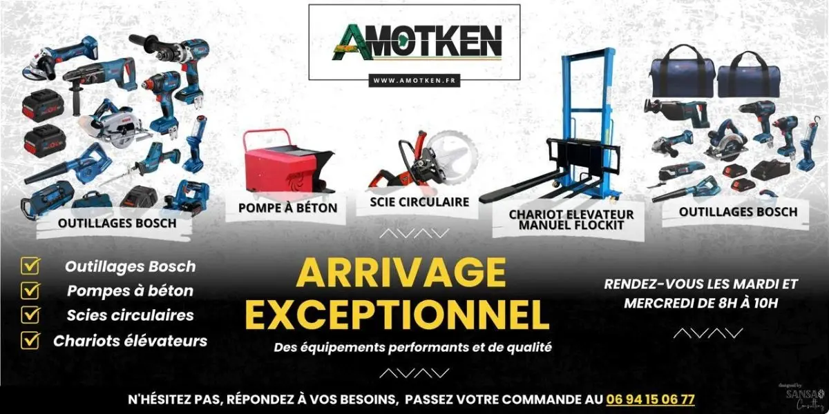 Visuel AMOTKEN de l'arrivage : outillages Bosch, pompe à béton, scie circulaire et chariot élévateur manuel Flockit